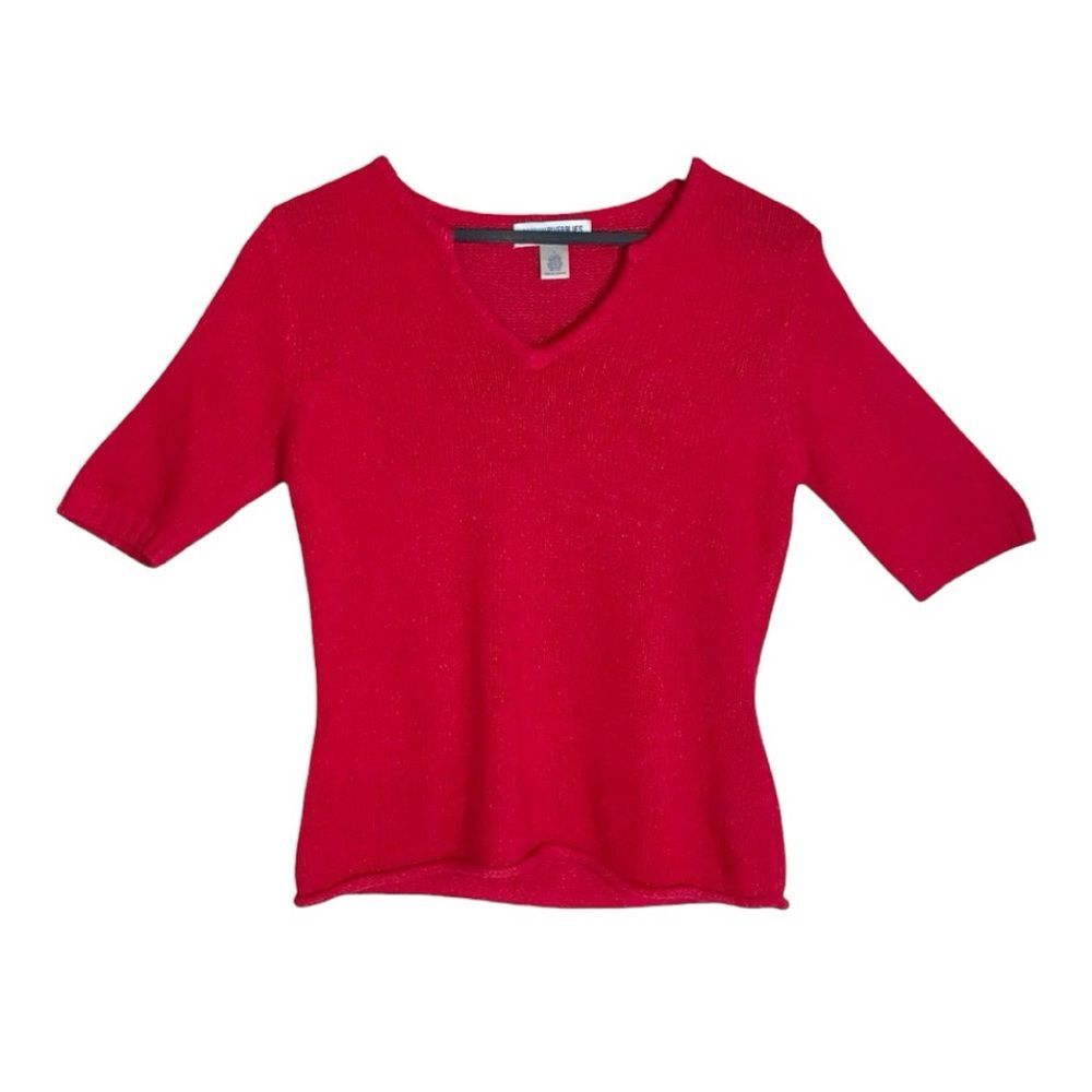 Vintage Women's V-Neck Red Silk/Angora Blend Quarter Sleeve Sweater Jumper Top